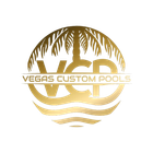 Gold circular logo for Vegas Custom Pools featuring a palm tree silhouette, the letters "VCP", and stylized water waves.