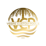Gold circular logo for Vegas Custom Pools featuring a palm tree silhouette, the letters "VCP", and stylized water waves.