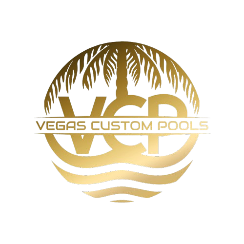 Gold circular logo for Vegas Custom Pools featuring a palm tree silhouette, the letters "VCP", and stylized water waves.