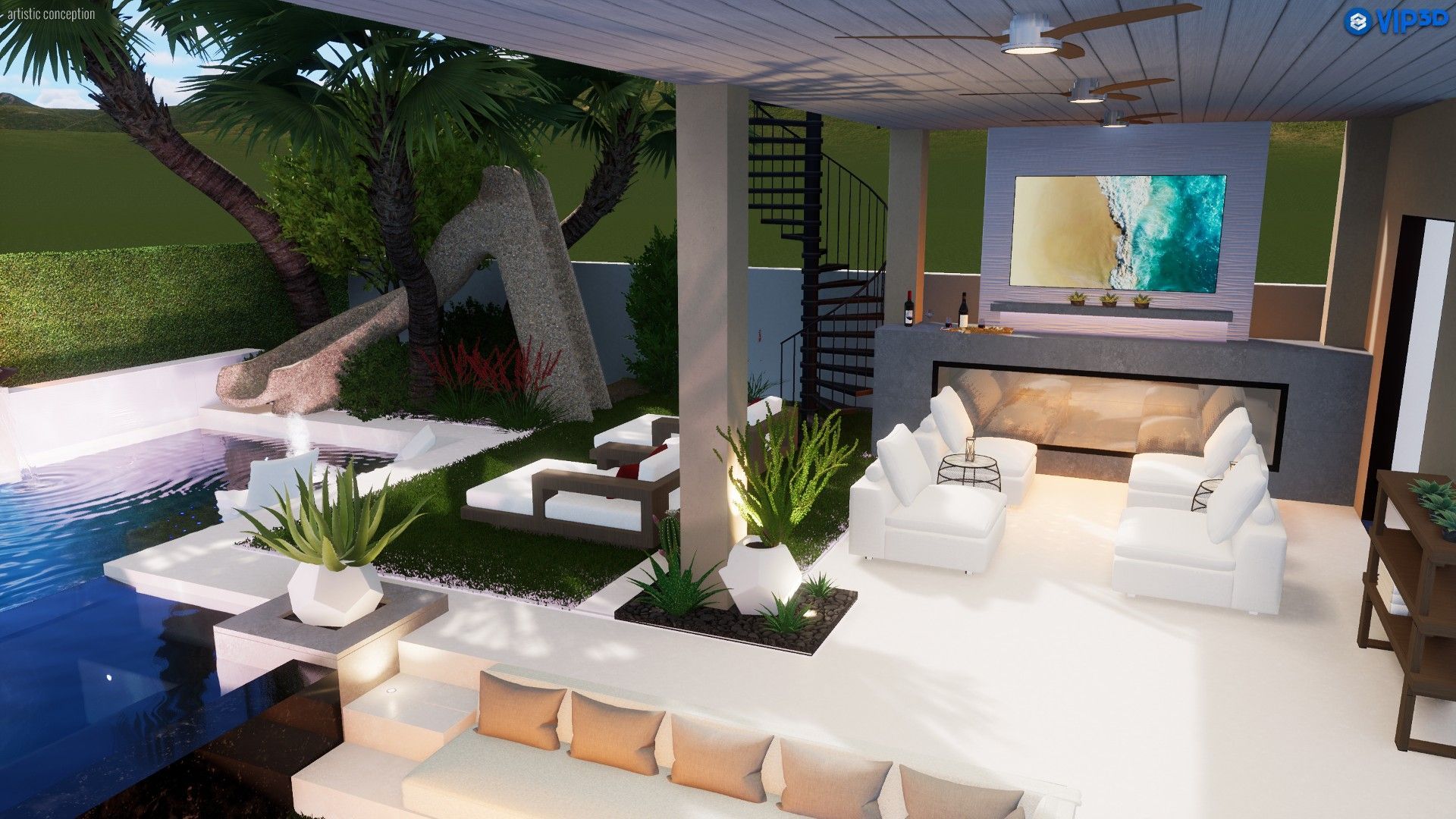 A modern outdoor patio with a swimming pool, lounge seating, spiral staircase, and a large wall-mounted television.