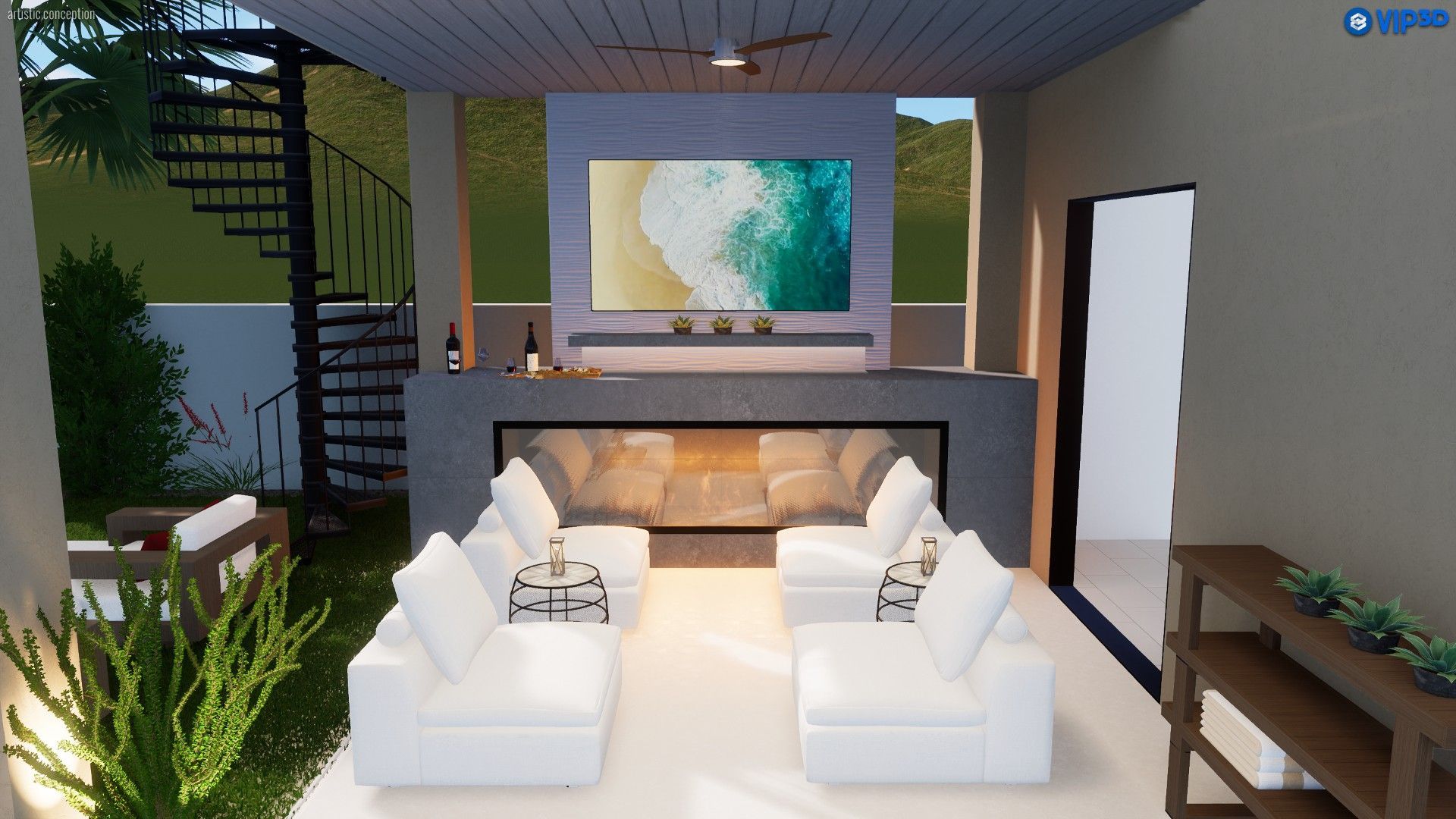 A modern outdoor patio featuring a central fire pit, white lounge chairs, a wall-mounted TV, and a spiral staircase.