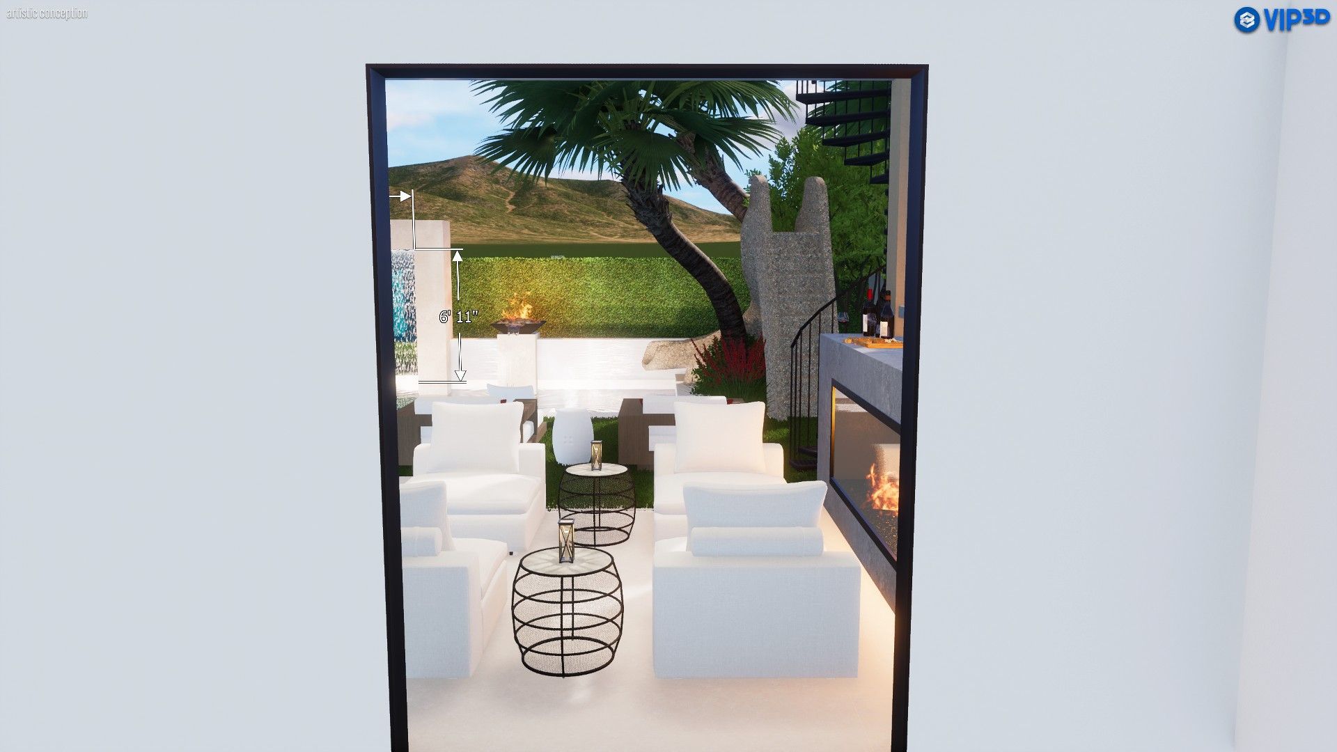 A view through a doorway into a modern patio with white lounge chairs, a fire pit, and a stone wall backdrop.