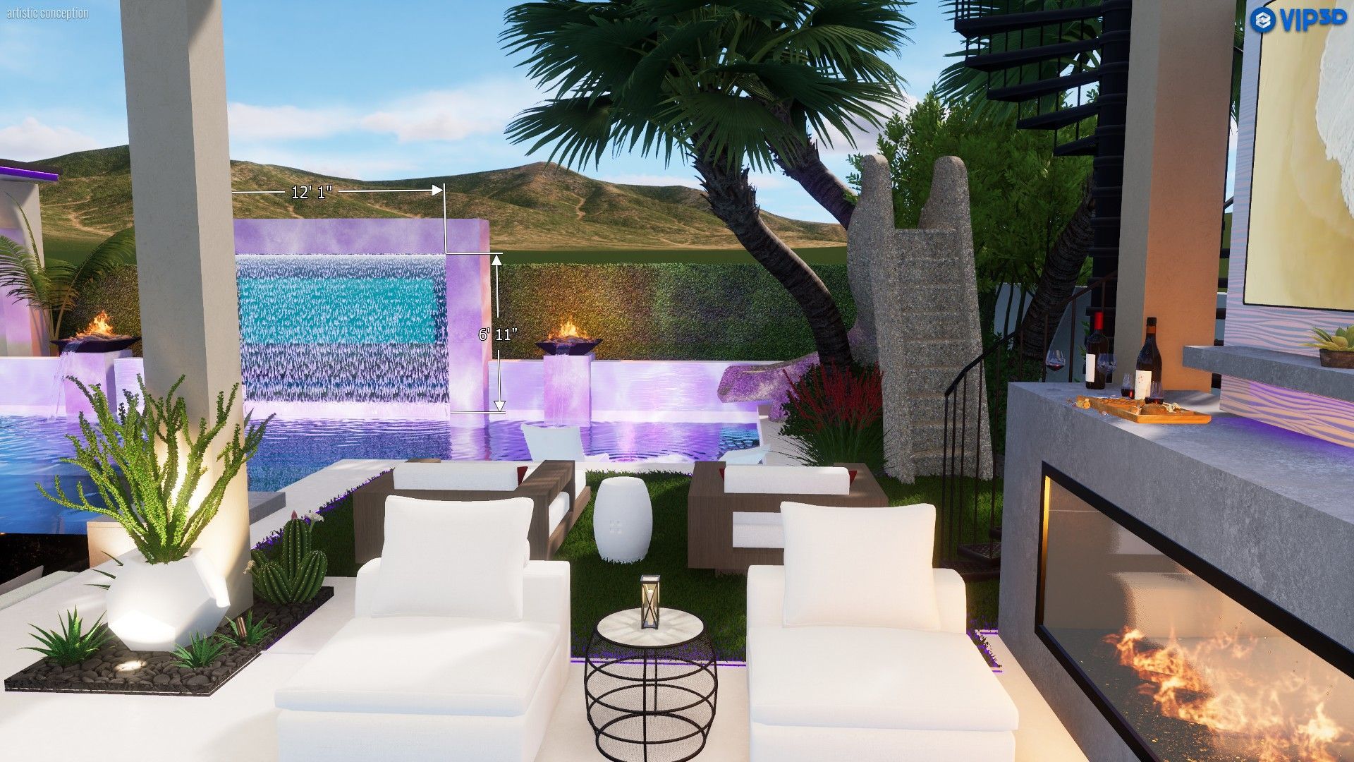 Luxury outdoor patio with white lounge chairs, a fire feature, and a swimming pool illuminated by purple lights at dusk.