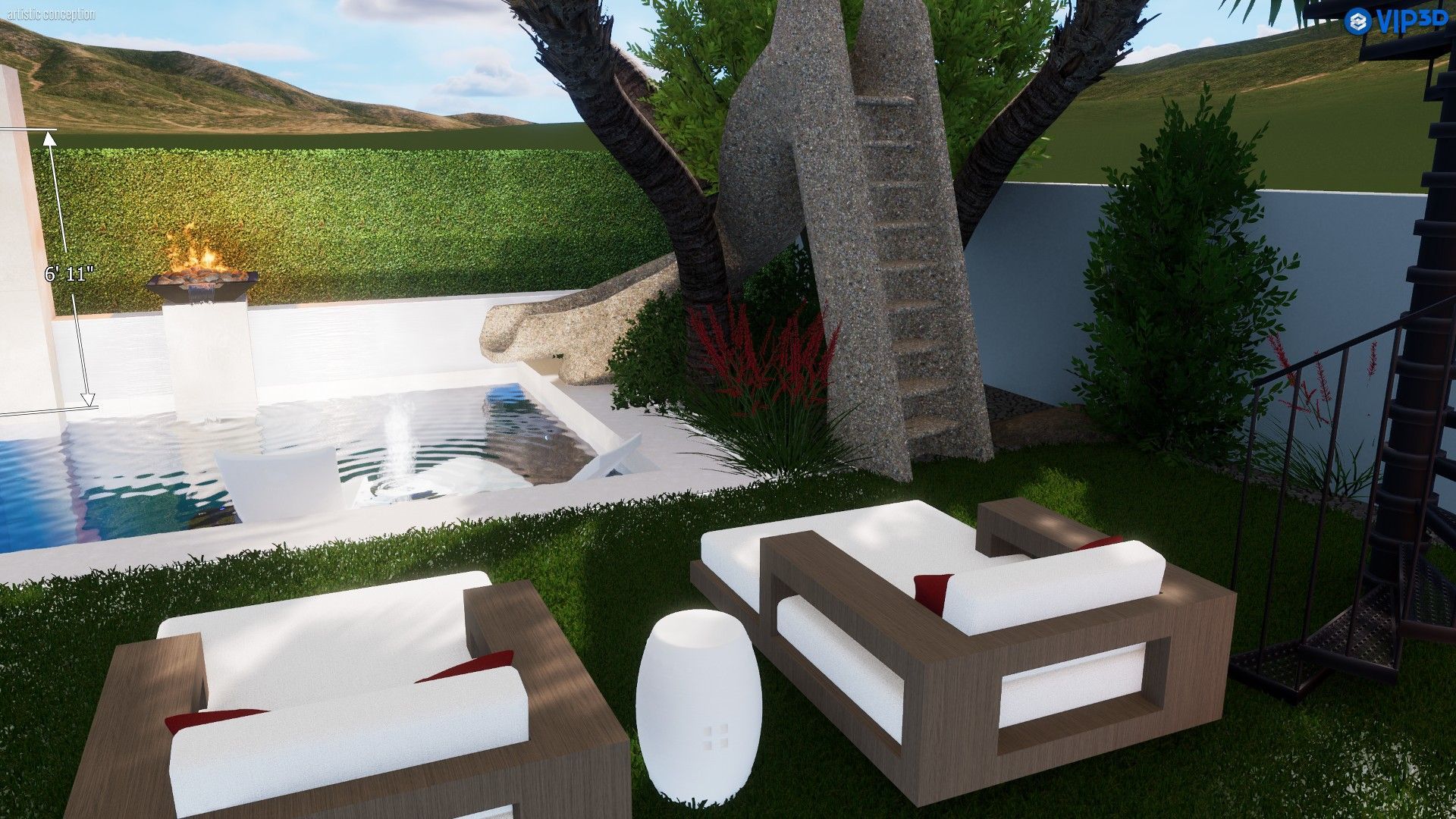 Modern poolside patio with two lounge chairs, a fire feature, and a unique stone sculpture under a tree against hills.
