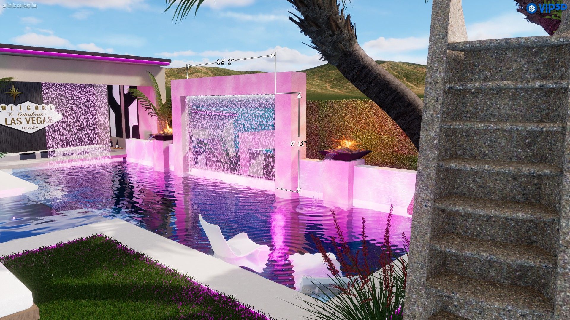 A swimming pool with purple neon lighting, a water feature, and lounge chairs, set in a modern outdoor landscape.