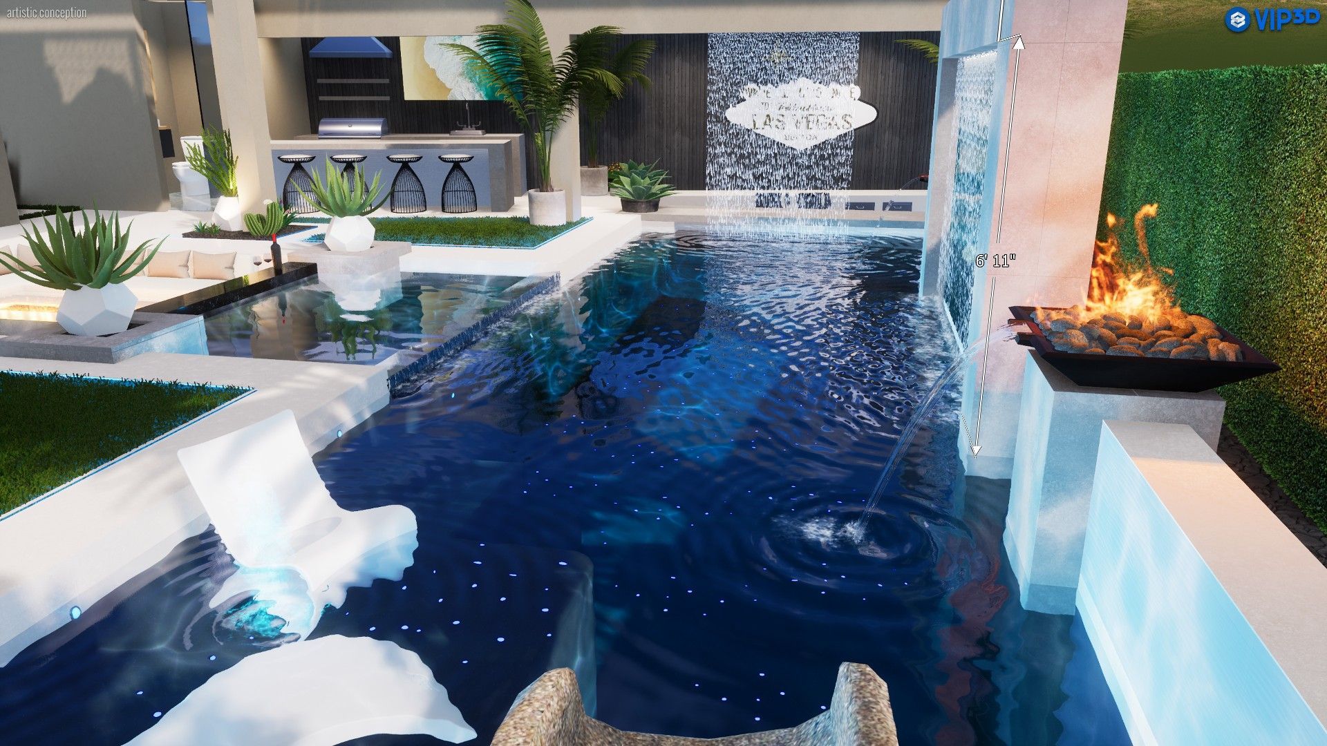 A modern swimming pool design featuring a water feature, fire pit, lounge chairs, and an outdoor kitchen area at dusk.