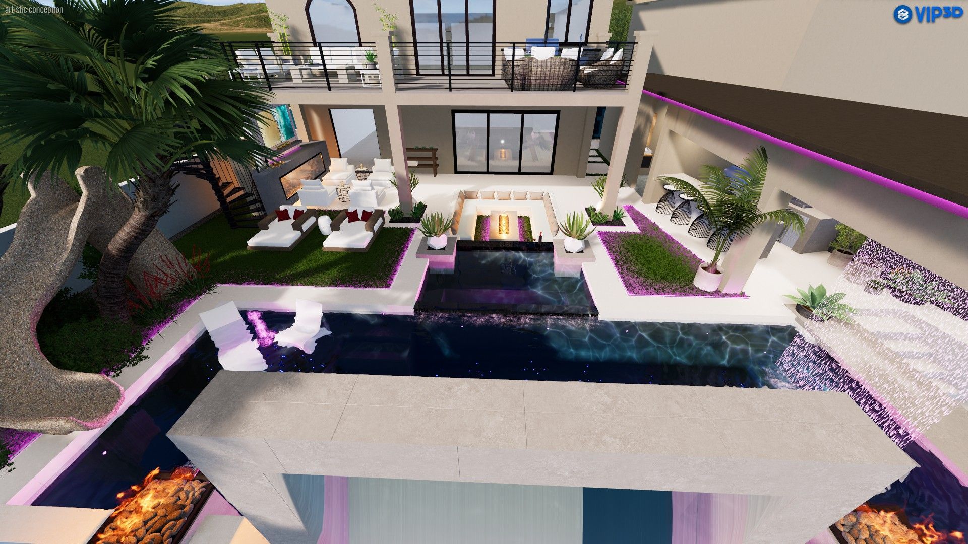 A luxury modern backyard features a dark pool, glowing fire pits, lounge seating, and a house with a balcony.
