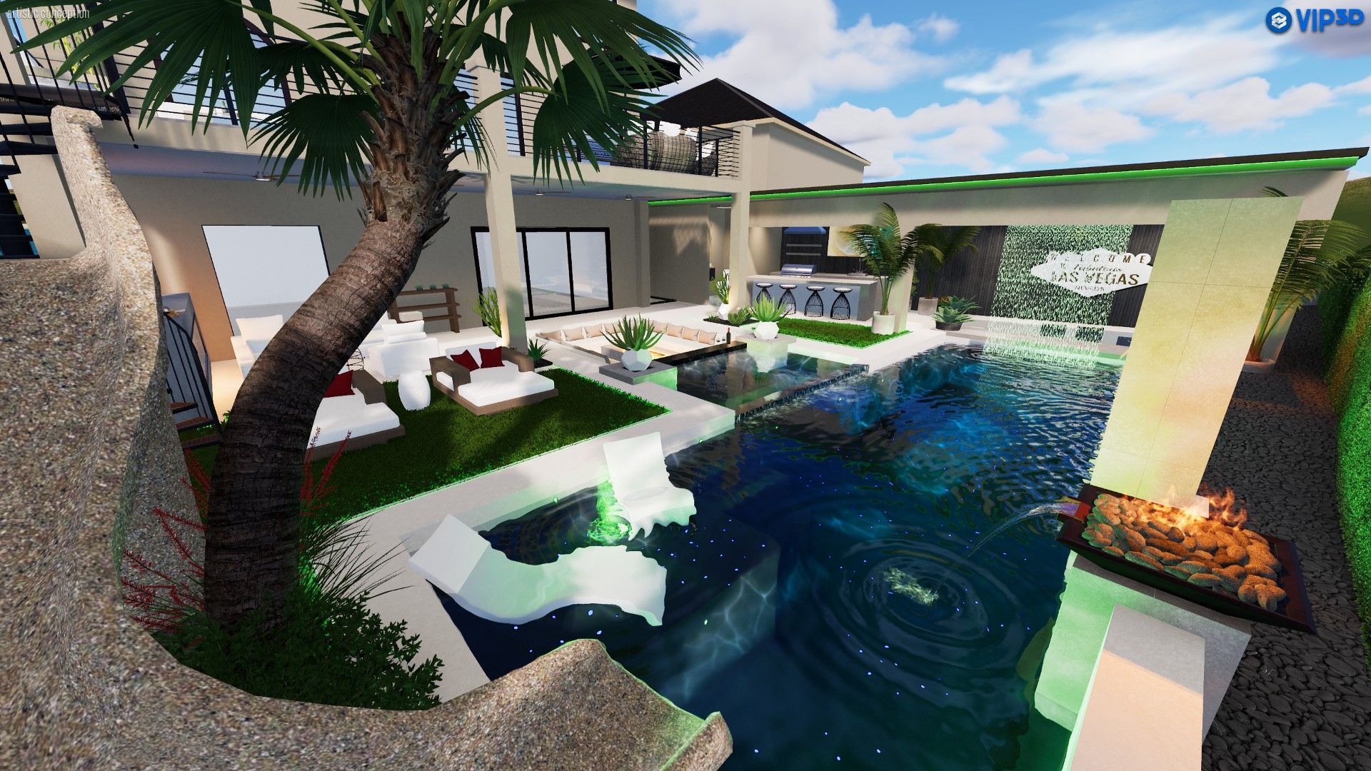 A modern backyard with a swimming pool, lounge chairs, a fire feature, and a patio area under a bright, sunny sky.