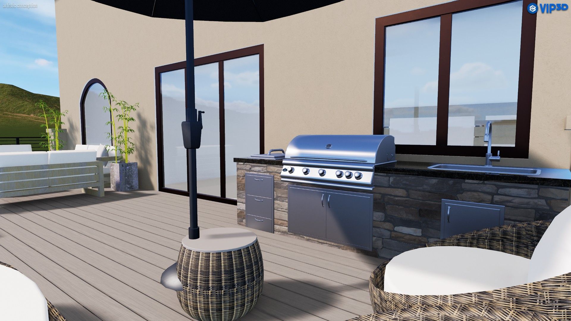 A patio featuring a stone outdoor kitchen with a stainless steel grill, a deck area with seating, and a large umbrella.