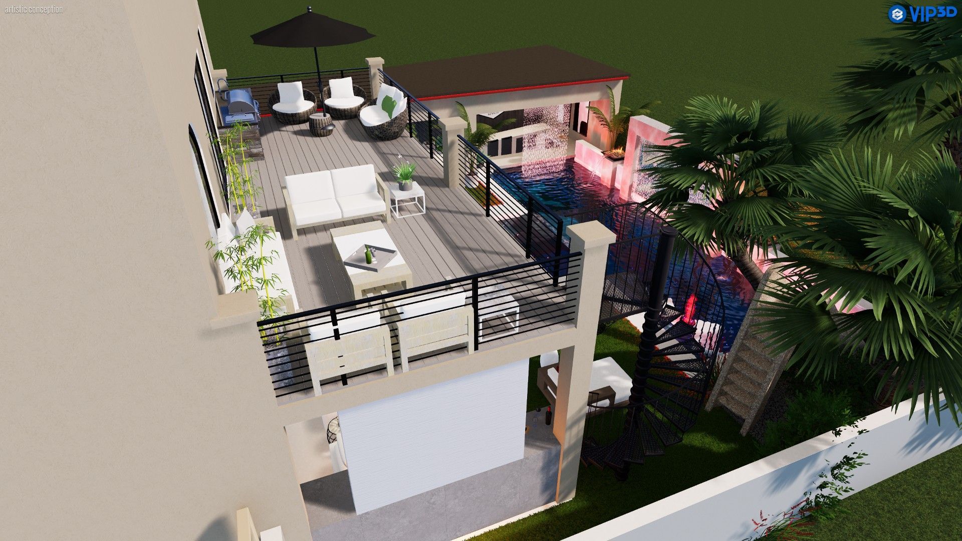 A 3D architectural rendering of a raised outdoor deck with seating, lounge chairs, a dining area, and an adjacent pool.