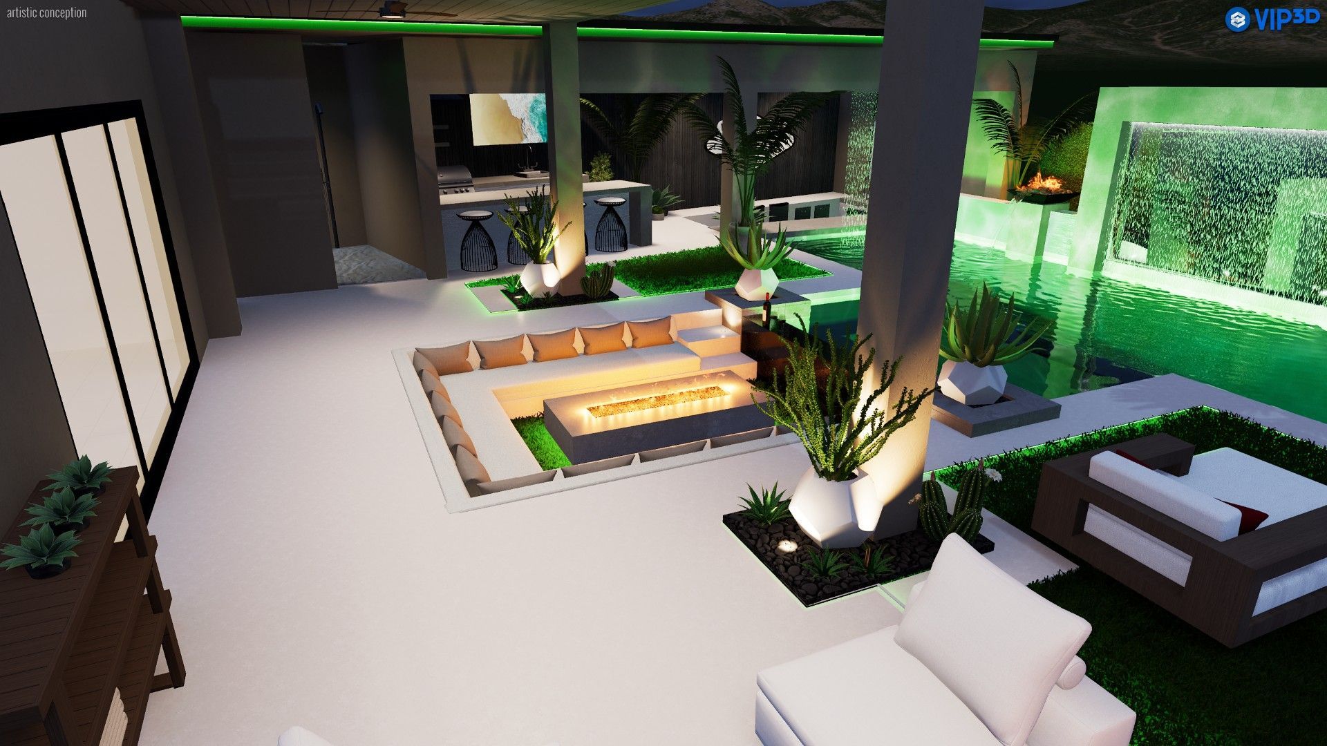 A modern, illuminated outdoor lounge area at night, featuring a sunken fire pit, seating, and a water wall.