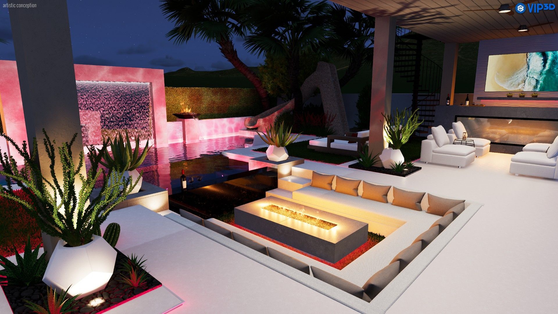 A luxurious, modern outdoor lounge with a sunken fire pit, seating area, swimming pool, and large screen at night.
