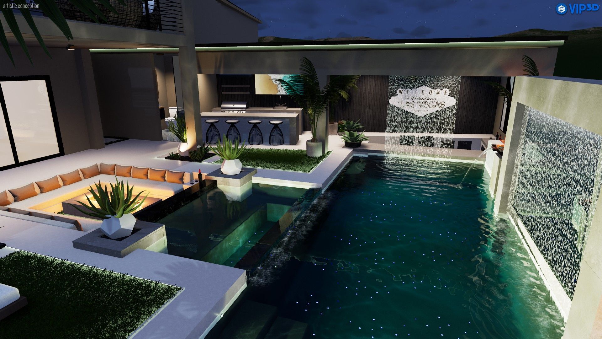 A modern, illuminated luxury backyard at night featuring a swimming pool, sunken fire pit seating area, and outdoor bar.