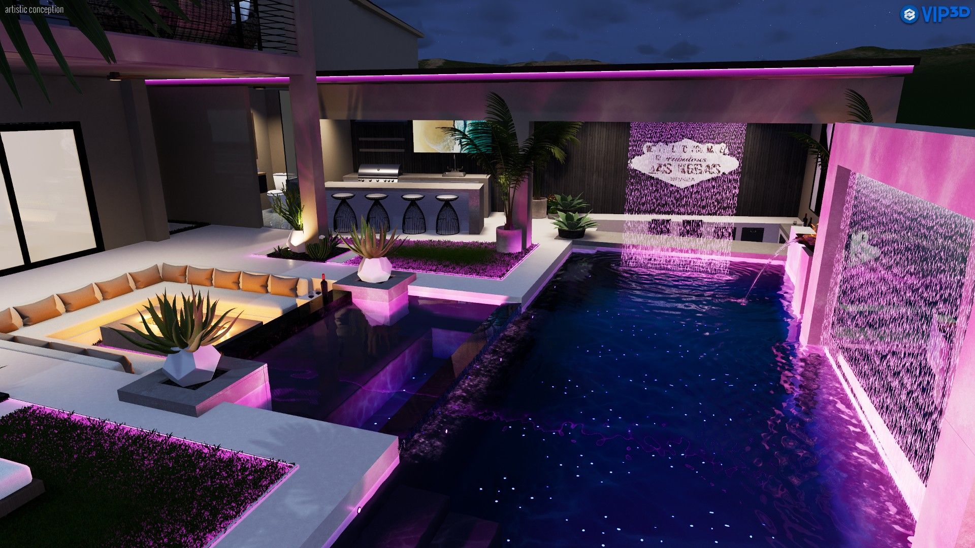 A modern backyard with an illuminated pool, a sunken seating area with a fire pit, and a bar under a purple-lit patio.