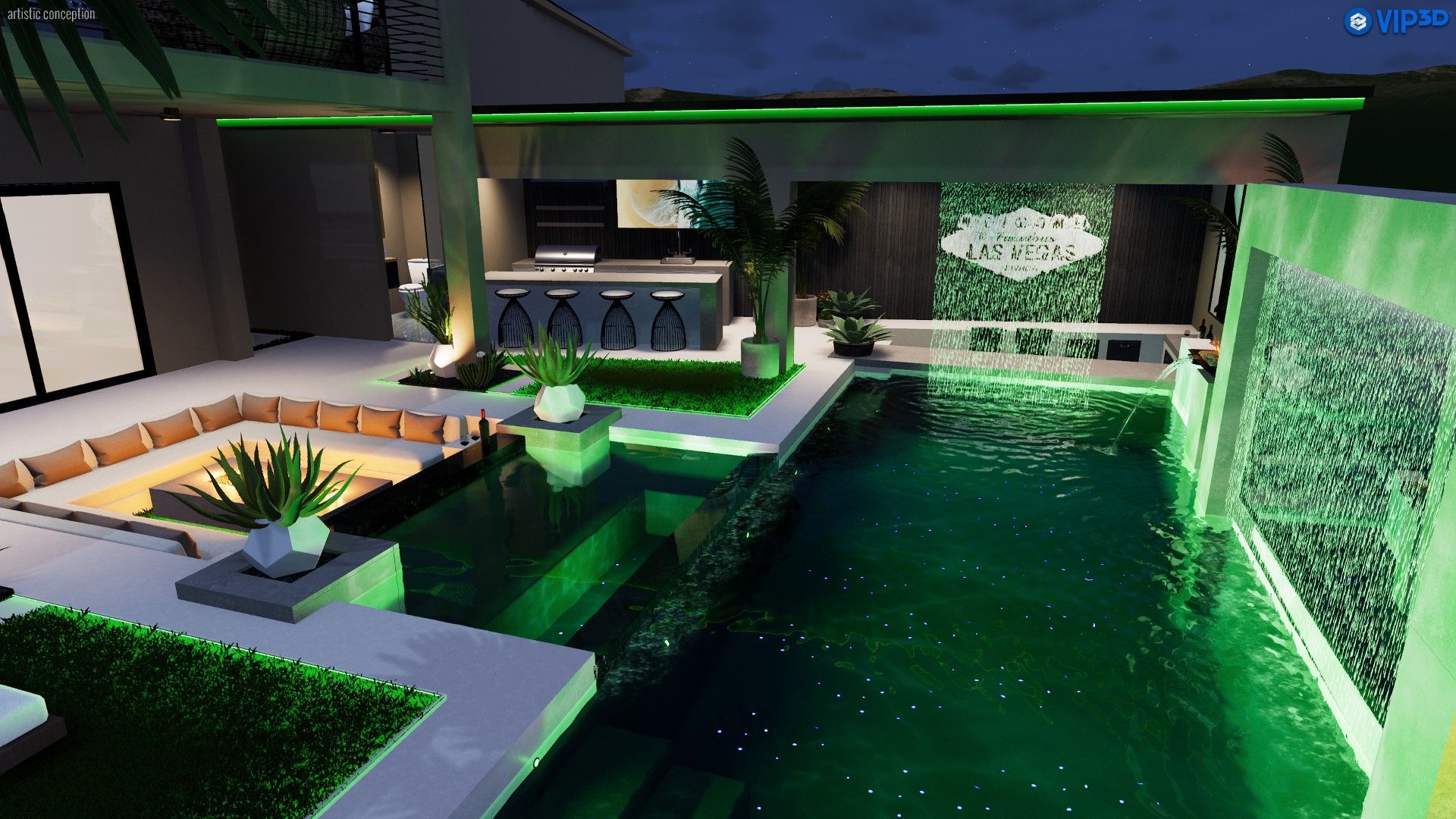 Modern backyard with a pool, sunken seating area, glowing green lights, outdoor bar, and a water feature at dusk.