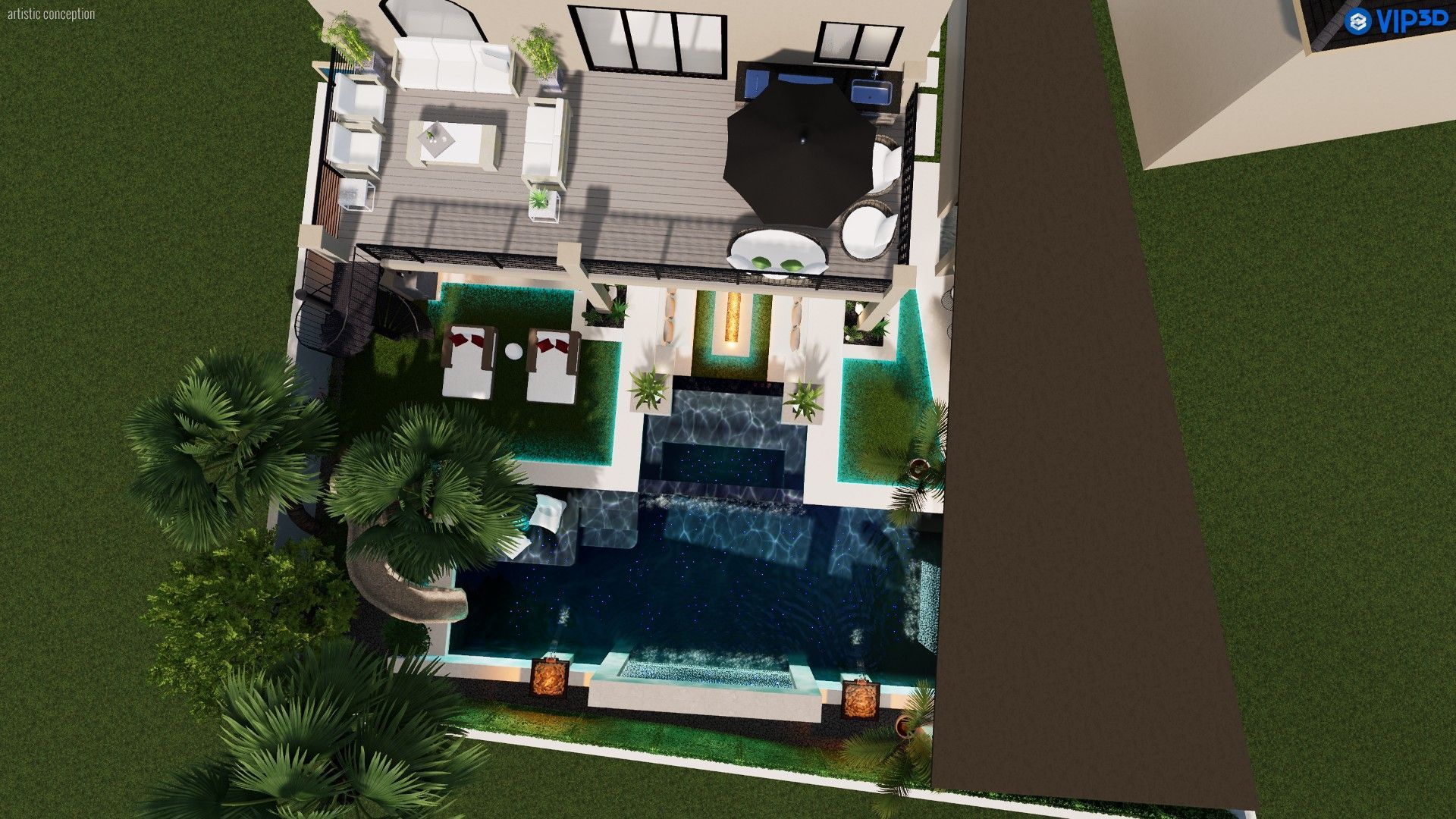 An aerial view of a luxury backyard with a swimming pool, lounge area, fire feature, and lush green landscaping.