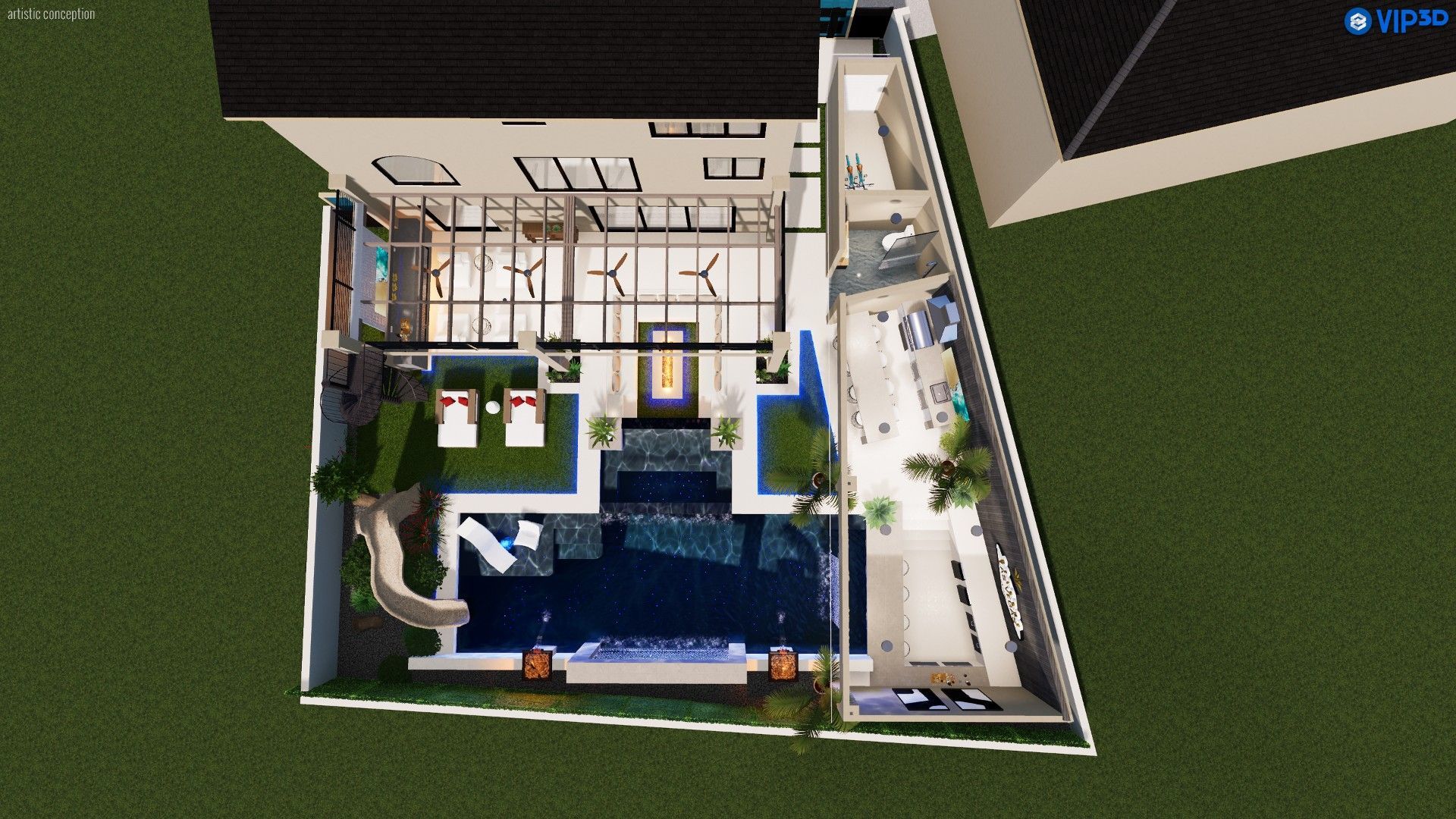 Overhead view of a modern backyard design with a swimming pool, covered patio, lounge chairs, and an outdoor kitchen.