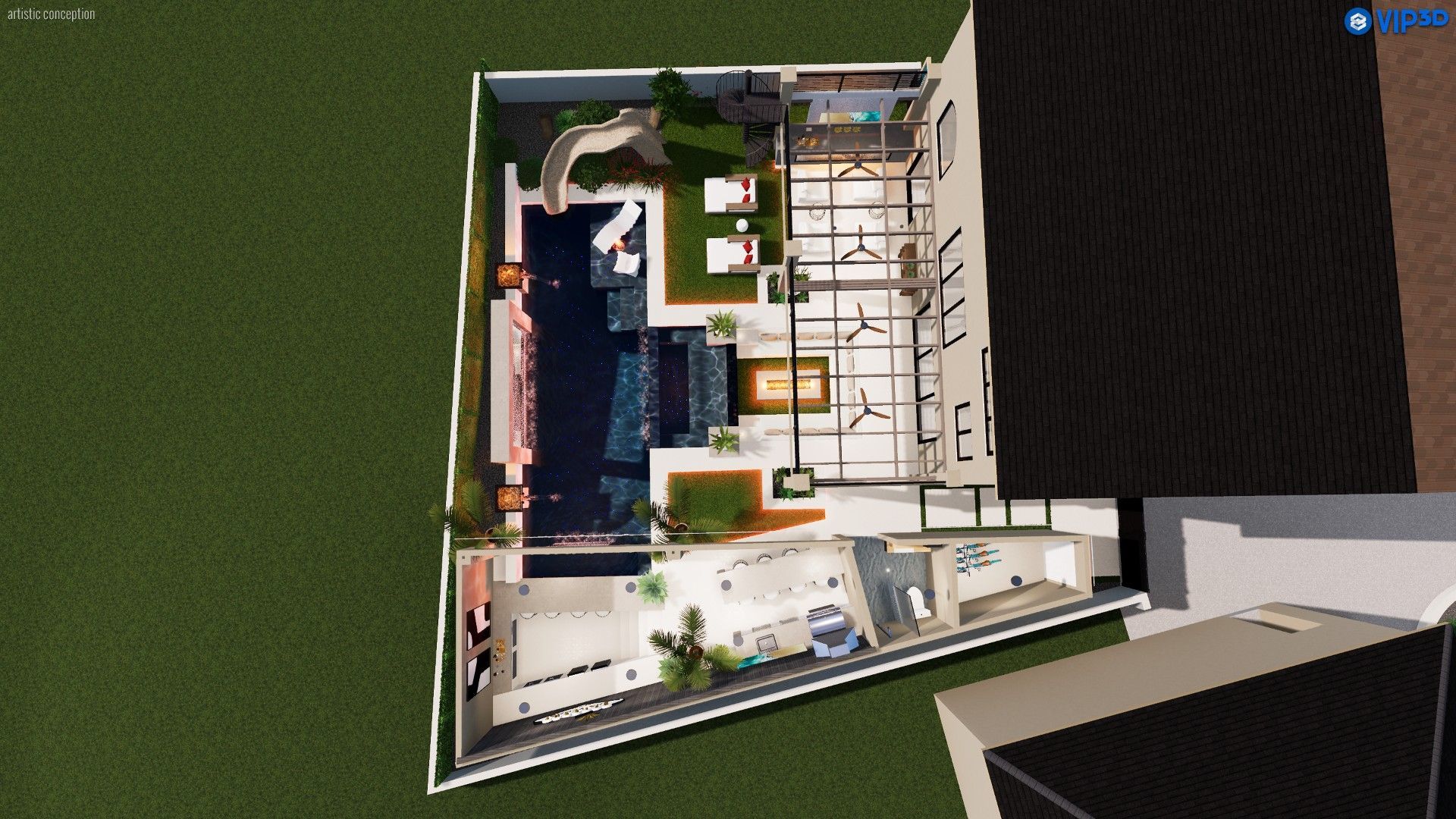 Aerial view of a residential backyard with a swimming pool, lounge chairs, a patio, and landscaping.