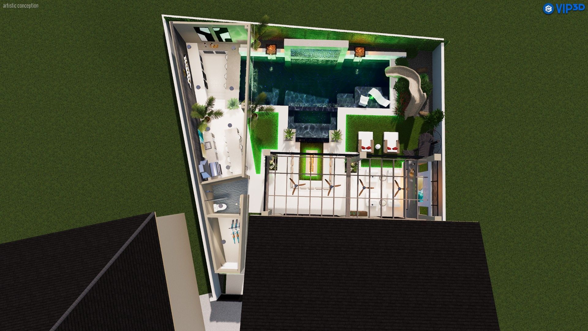 An overhead 3D architectural rendering of a backyard patio featuring a swimming pool, lounge chairs, and a covered deck area.
