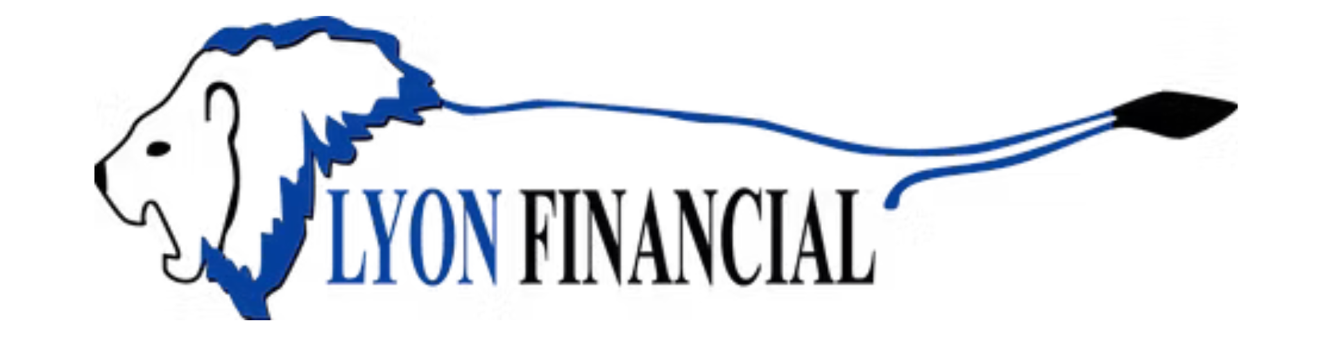 Logo for Lyon Financial featuring a stylized blue and white lion head profile connected to a long, flowing tail.