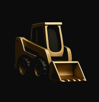 A gold, 3D icon of a skid-steer loader against a solid black background.