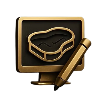 A metallic gold icon of a steak on a computer monitor with a matching stylus pen in front.