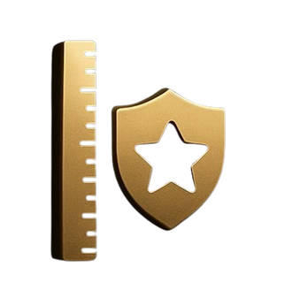 A golden ruler standing next to a golden shield featuring a star-shaped cutout.
