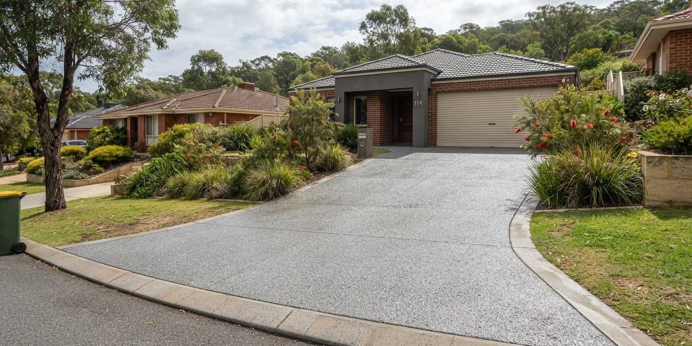Resurfaced exposed aggregate driveway in front of a Kalamunda home