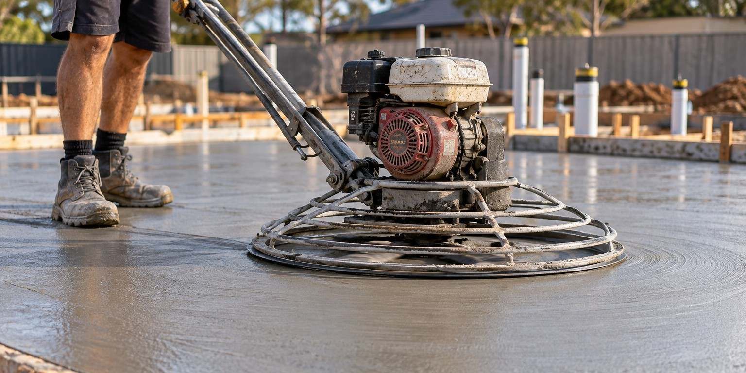 Walk-behind power trowel smoothing a new concrete slab in Kalamunda