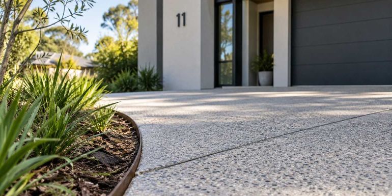 Exposed aggregate driveway with a control joint in front of a Kalamunda home
