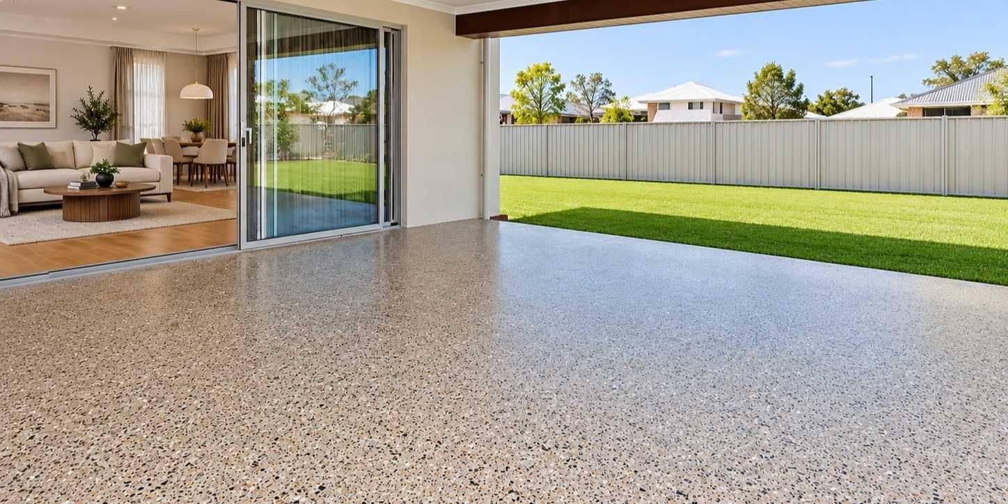 Polished exposed aggregate alfresco patio in Kalamunda next to an open-plan living area
