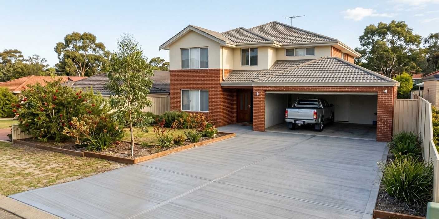 Wide brushed concrete driveway leading to a two-storey brick home in Kalamunda
