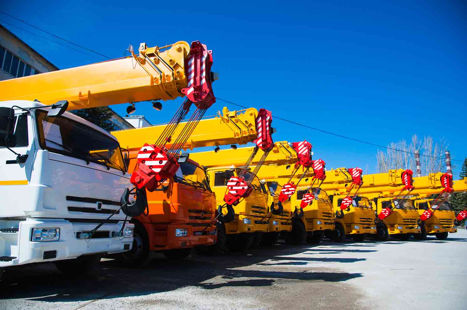 Fleet of construction cranes on a sunny day