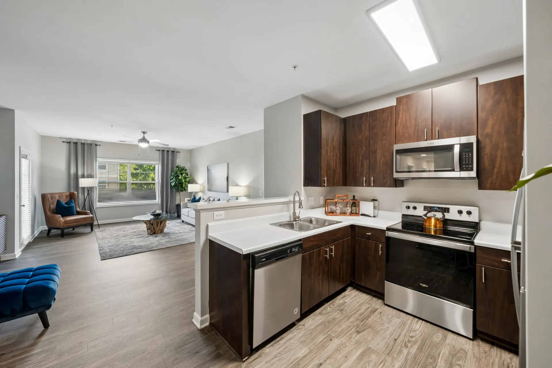 Modern kitchen with dark wood cabinets and stainless steel appliances, open to a living area.