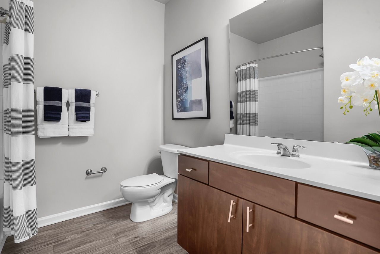 Bathroom with a wood vanity, white countertop, mirror, toilet, and striped shower curtain at Reserve at Stone Hollow in Charlotte, NC.