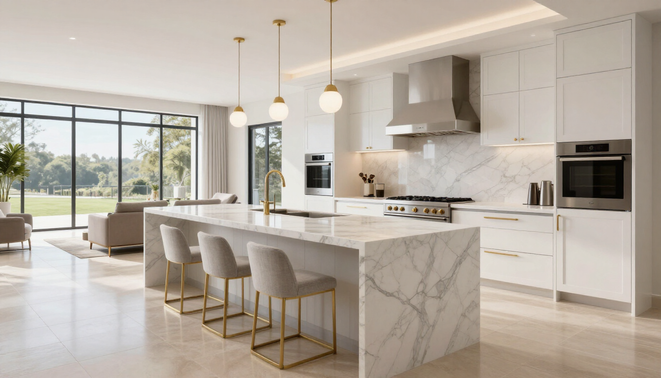 A modern kitchen featuring luxury marble countertops and minimalist design.