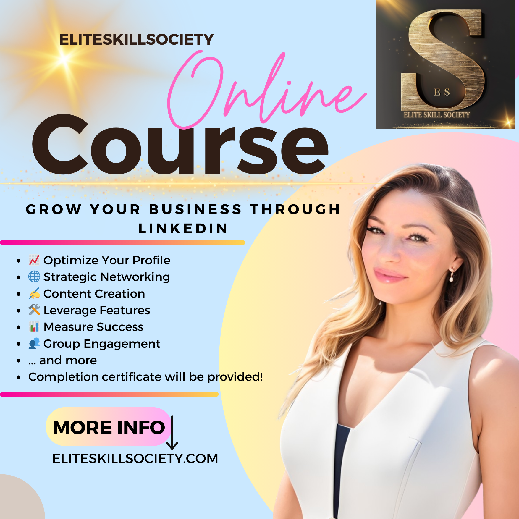 EliteSkillsSociety online business course promo with LinkedIn growth topics and a woman portrait on a pastel background