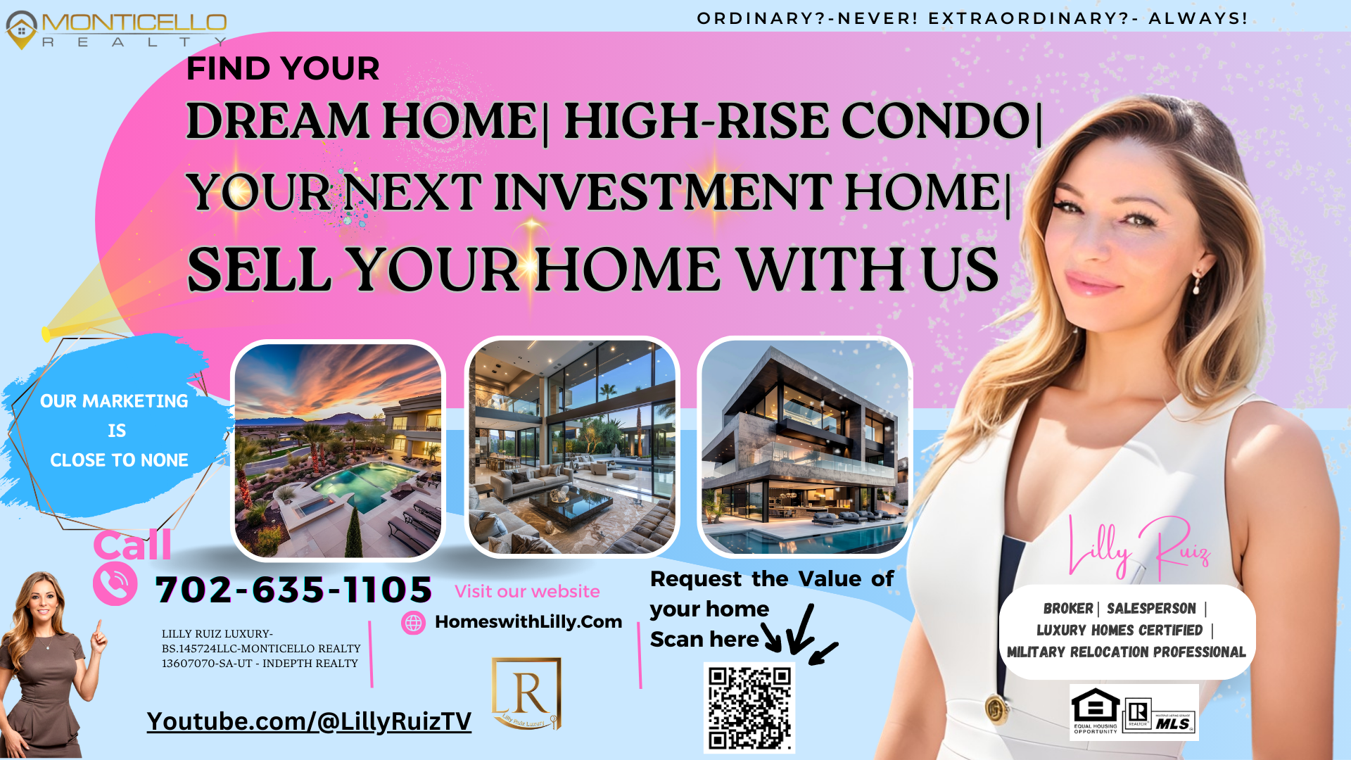 Real estate promo with smiling agent, luxury home, condo investment message, phone number, and QR code