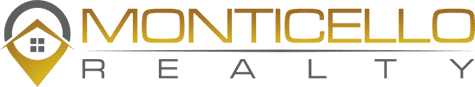 Monticello Realty logo with house icon in gold and gray text