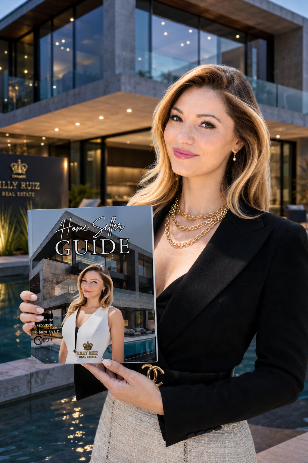 Woman in a black blazer holding a guide magazine in front of a modern glass building with water reflections.
