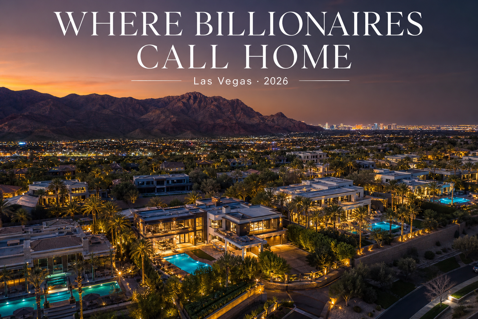 Las Vegas luxury estate at dusk with glowing pools and skyline, titled “Where Billionaires Call Home.”