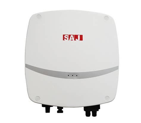 White SAJ solar inverter with the brand name in red, and three indicator lights.