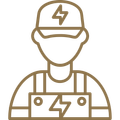 Electrician wearing overalls and a cap with a lightning bolt symbol.