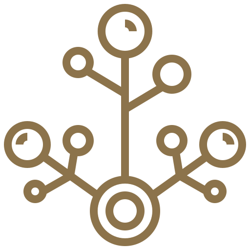Brown, stylized plant icon with a central stem and circular, dot-like nodes branching out.
