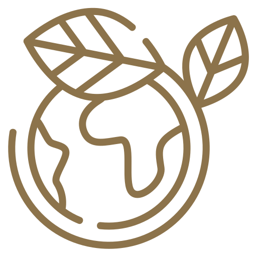 Brown outline of the Earth with leaves circling it. Concept: environmental protection.