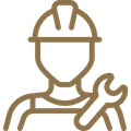 Brown outline of a person wearing a hard hat and overalls, holding a wrench over their shoulder.