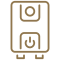 A brown icon of a wall-mounted water heater, with a power button and control panel.