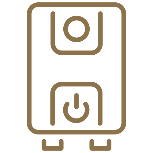A brown icon of a wall-mounted water heater, with a power button and control panel.