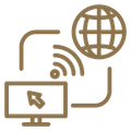 Brown icon of a computer connected to the internet via WiFi and globe symbol.