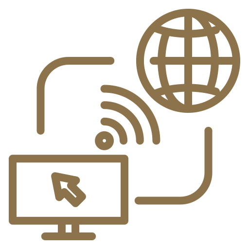 Brown icon of a computer connected to the internet via WiFi and globe symbol.